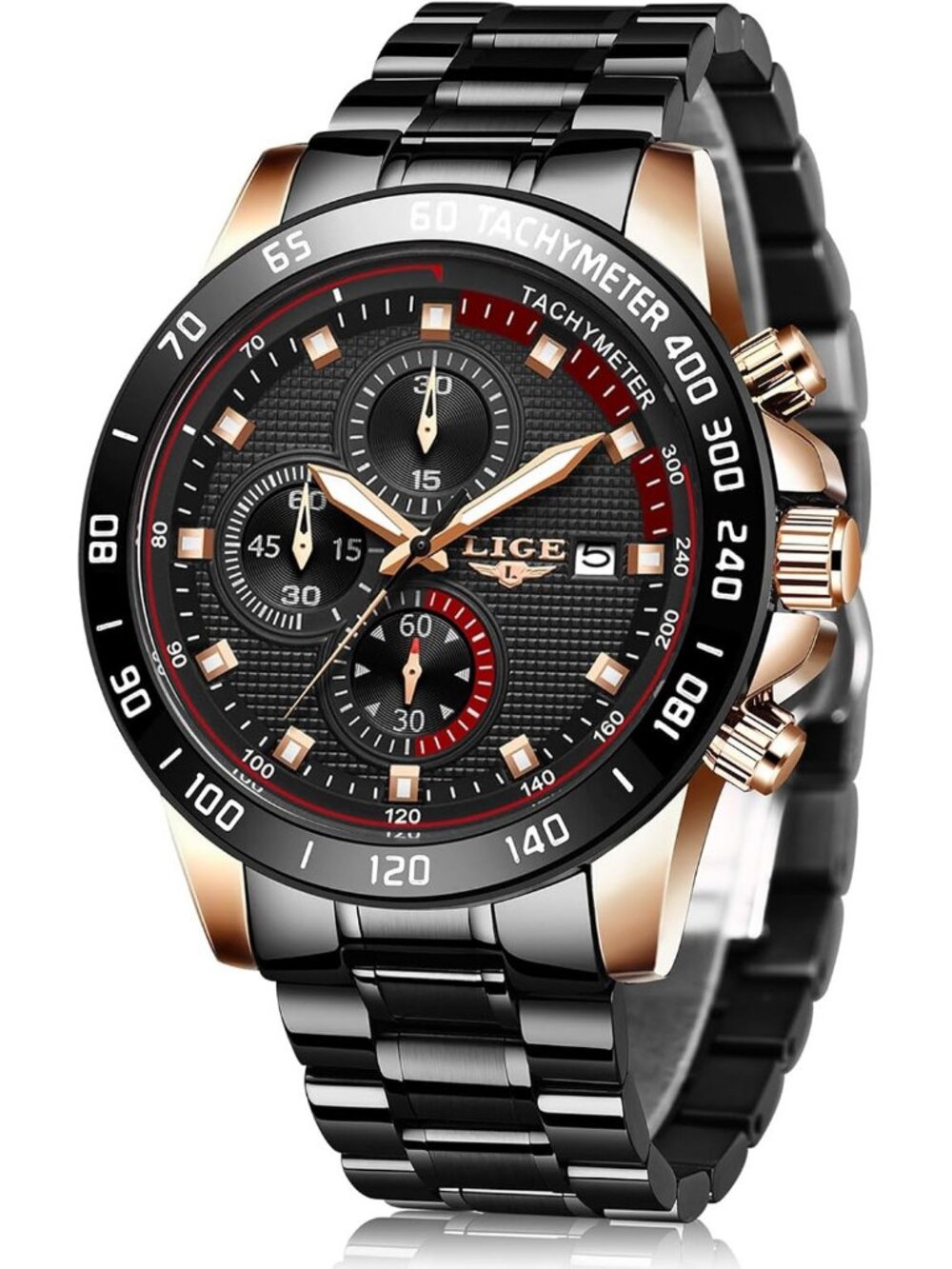 Men's Gold Black Stainless Steel Case 3ATM Analog Chronograph Casual Wrist Watch